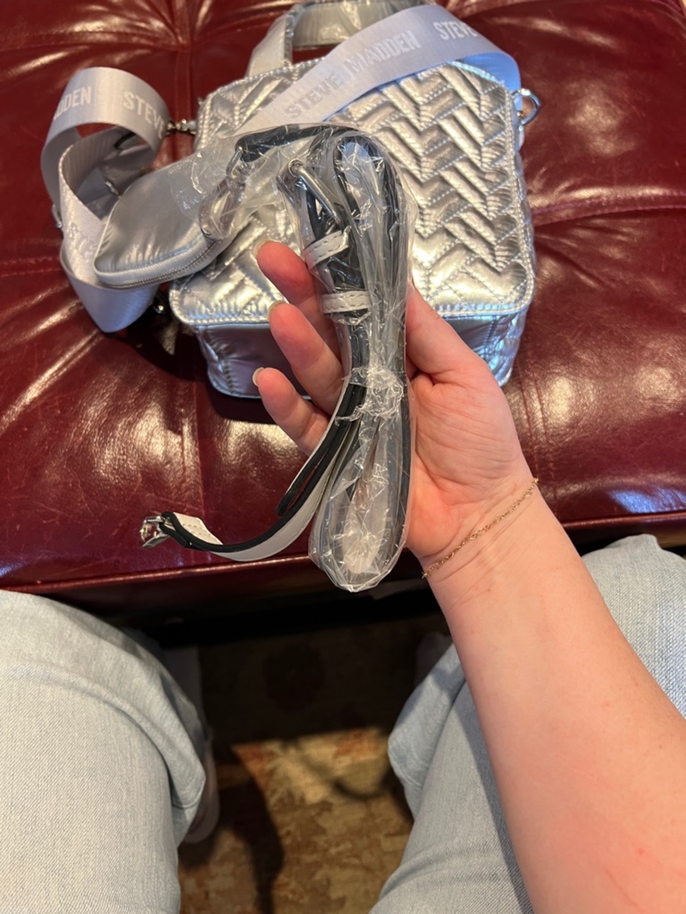 Steve Madden Metallic Silver Quilted Mini Tote with Logo Strap - Picture 4 of 7